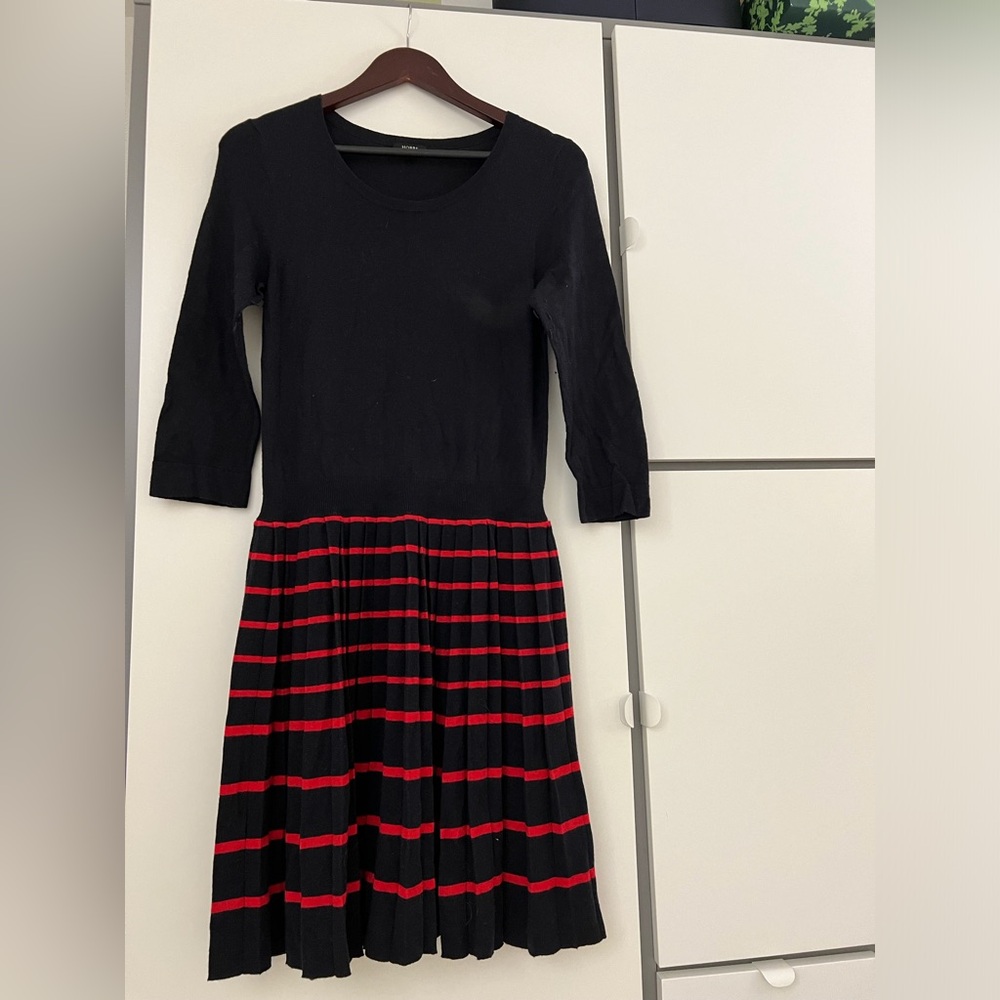 Black & Red Striped Midi Dress - Feminine Pleated Skirt